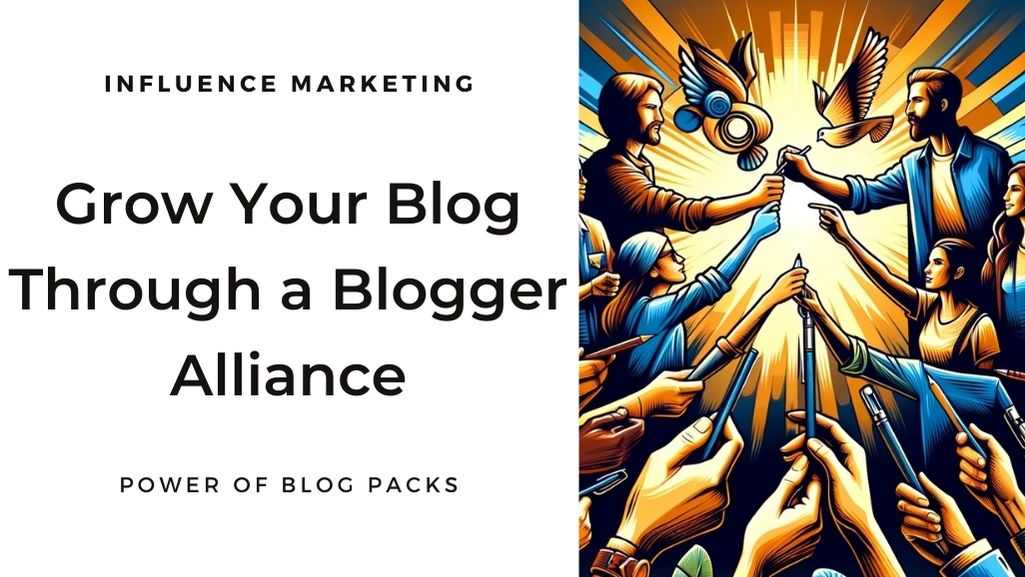 The image is a vibrant, dynamic illustration featuring a group of bloggers uniting around two central figures bumping fists, symbolizing collaboration and alliance.