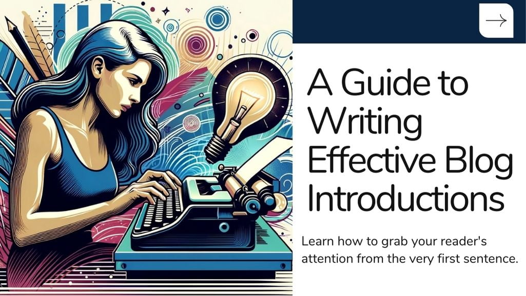 The image features an artistic representation of a woman deeply focused while typing on a vintage typewriter, surrounded by vivid and abstract designs, including a prominent light bulb symbolizing ideas and inspiration.