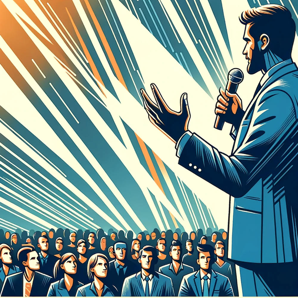 A man speaking to a large audience of people.