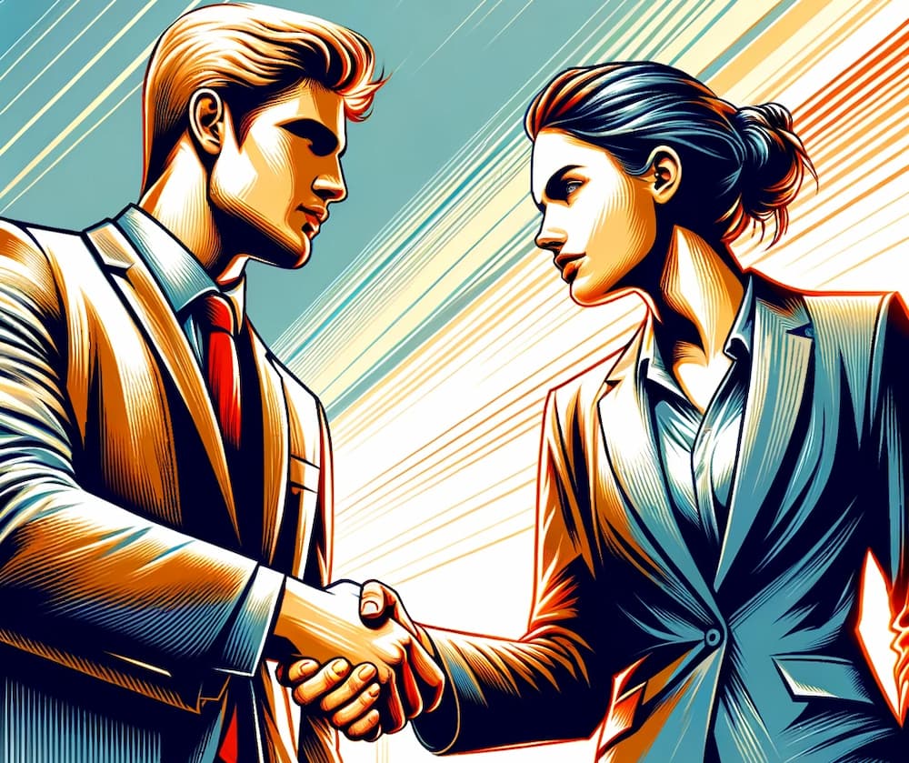 A man and woman shaking hand after agreeing to work together.