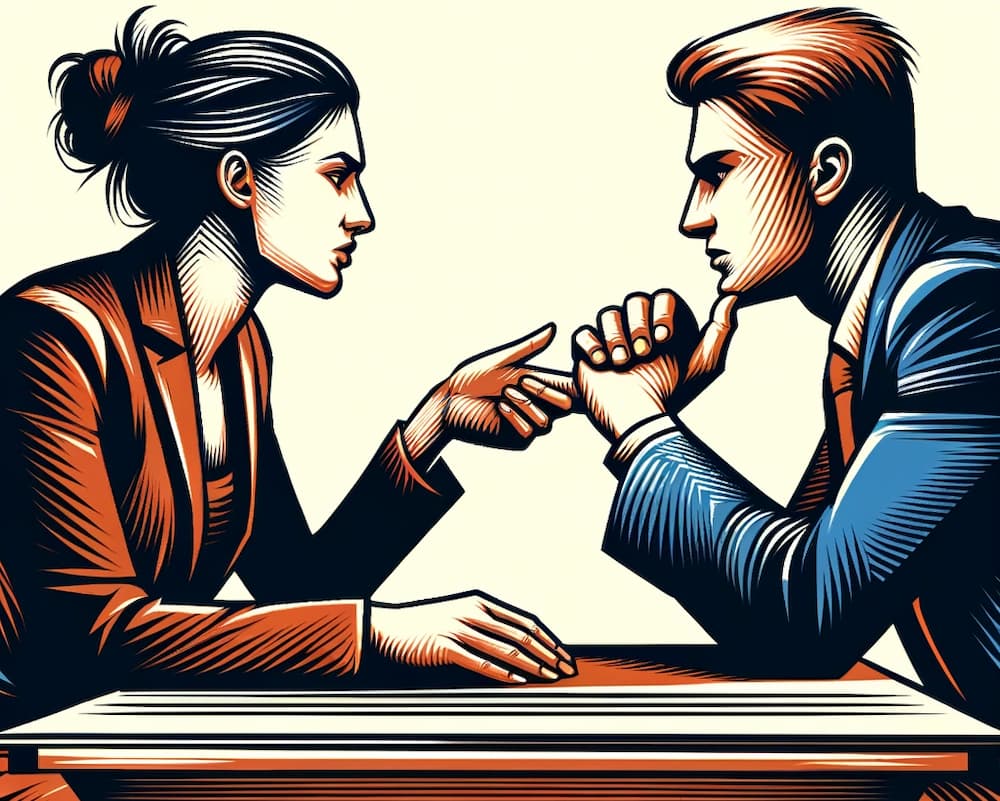 A woman and a man negotiating out a mutually beneficial blogging alliance.