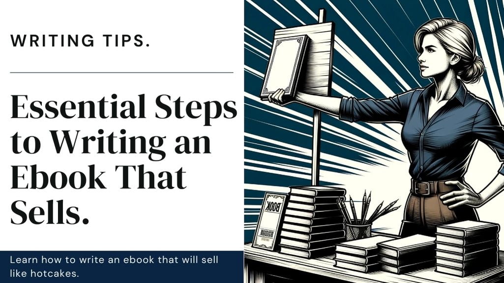 The image shows a woman in professional attire placing a book on a high shelf, symbolizing the process and accomplishment of writing an ebook.