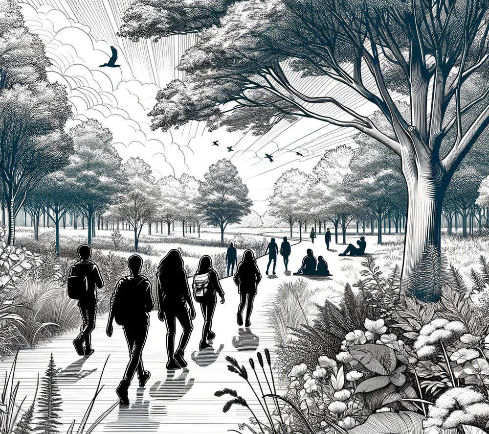 A Black And White Drawing Illustrating people following a leader down a path.