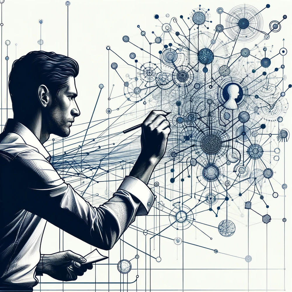 A Man Fact Checking His Blog Content With A Pencil In Front Of A Drawing