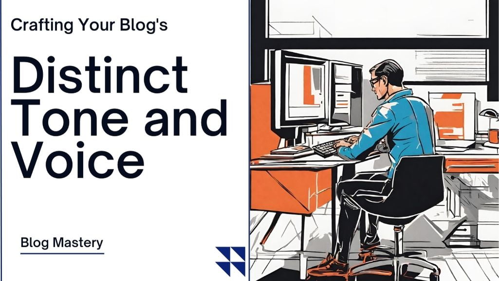 The image depicts an illustrated man seated at a desk, typing on a keyboard with two computer monitors in front of him.