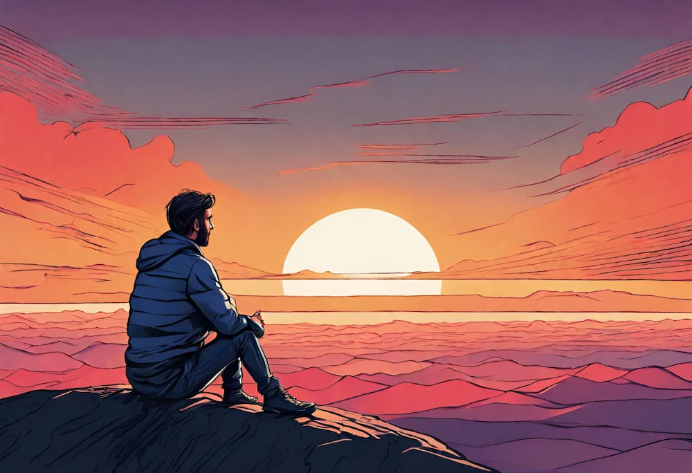 The image depicts a person sitting on a rock, gazing at a beautiful sunset over a calm sea. The sky is a gradient of warm hues, transitioning from purple to orange, with the sun touching the horizon in the center. The person's back is to the viewer, and they appear contemplative or in a moment of peaceful solitude.