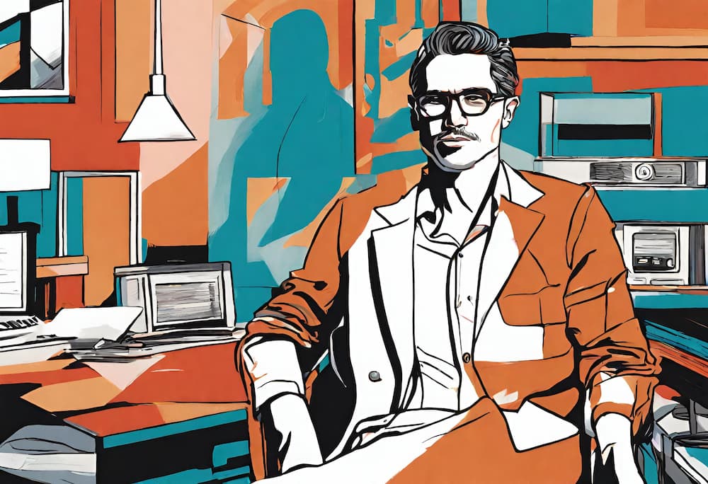 The image features a stylized illustration of a man sitting confidently at his desk in an office setting. He's wearing glasses and an orange blazer over a white shirt, exuding a creative and professional vibe. The office is depicted in a modernist art style with vibrant colors and geometric patterns, including a computer, vintage radio, and hanging lamp.