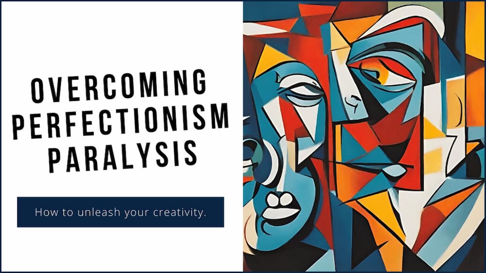 The image features a cubist-style painting of a person's face with abstract elements and vibrant colors. The composition is made up of geometric shapes in shades of blue, orange, red, and white, creating a fragmented yet harmonious portrayal of a human profile.