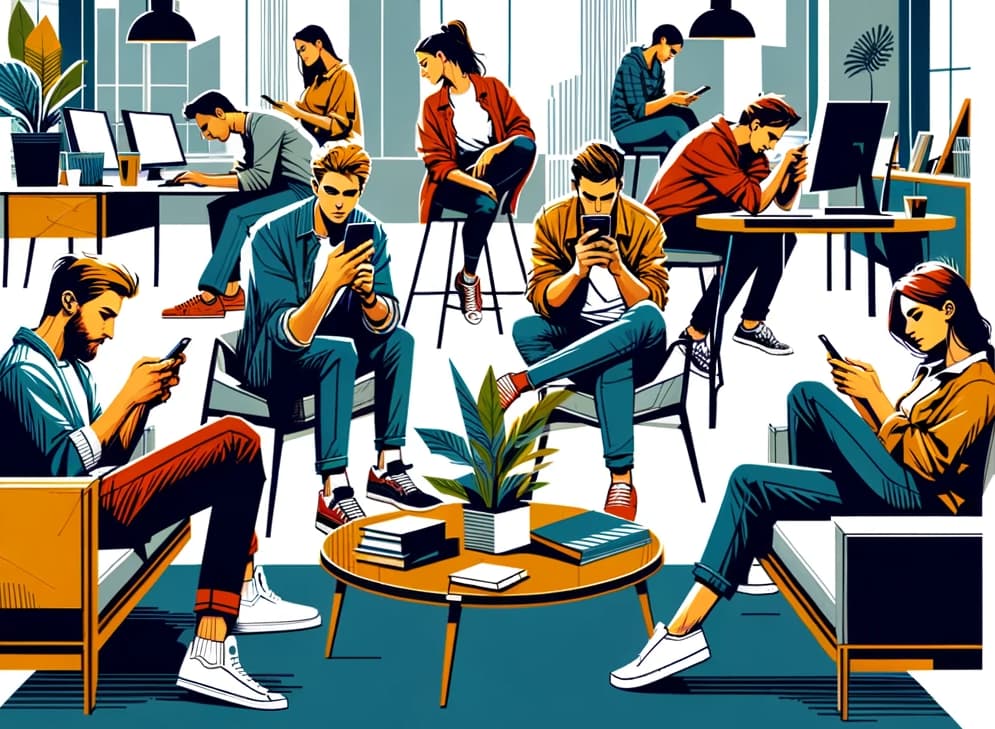 The image features a group of young adults engrossed in their smartphones and laptops in a modern, stylish interior space, likely a co-working environment or a cafe. The setting is casual and relaxed, with plants and contemporary furniture. Each person is depicted in a dynamic, colorful style, focused on their personal device, highlighting the theme of connectivity in the digital age.