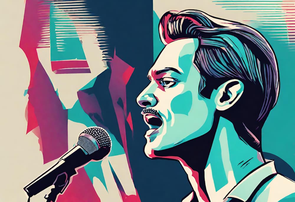 The image is an artistic, colorful illustration of a man speaking into a microphone.