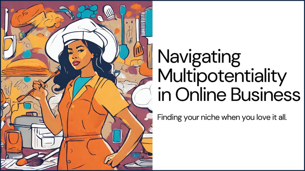 The image is a vibrant, stylized depiction of a woman cooking, surrounded by an array of kitchen utensils and ingredients. She's dressed in a mustard-colored outfit with a white chef's hat, holding a tasting spoon, and looks focused on perfecting her recipe. The background is filled with cooking icons like a whisk, a spatula, a knife, and various pots, suggesting a bustling culinary environment.